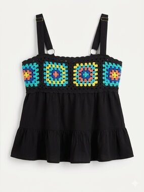 Y2K Crochet Tank Top Medium Festival Boho Smocked Back Crop Top
